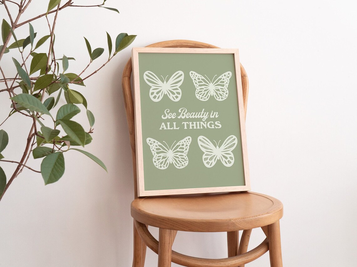 See Beauty in All Things Cream Butterflies Sage Green Quote Poster - Image 3