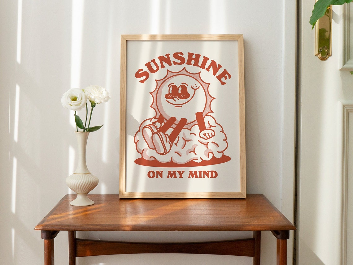 Sunshine Retro Character Wall Art Positive Quote Wall Print Cute Wall Decor A3 A4 A2 Prints Red Wall Poster Burnt Orange Unframed - Image 2