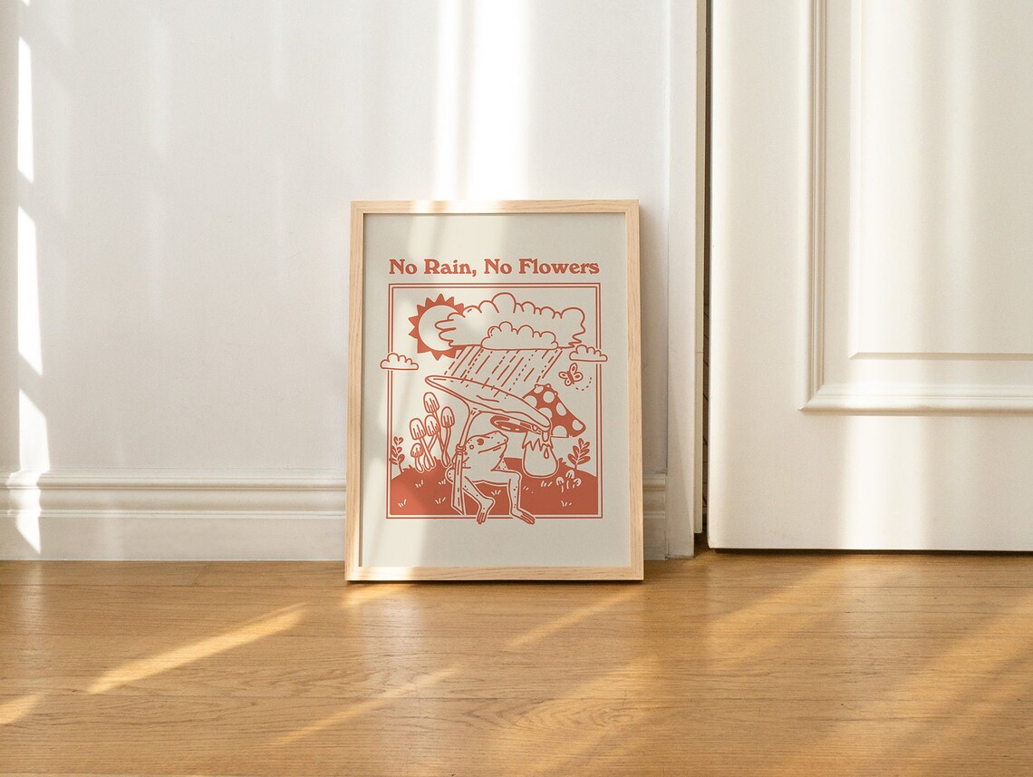 No Rain No Flowers Frog Mushroom Rain Burnt Orange Retro Poster - Image 3