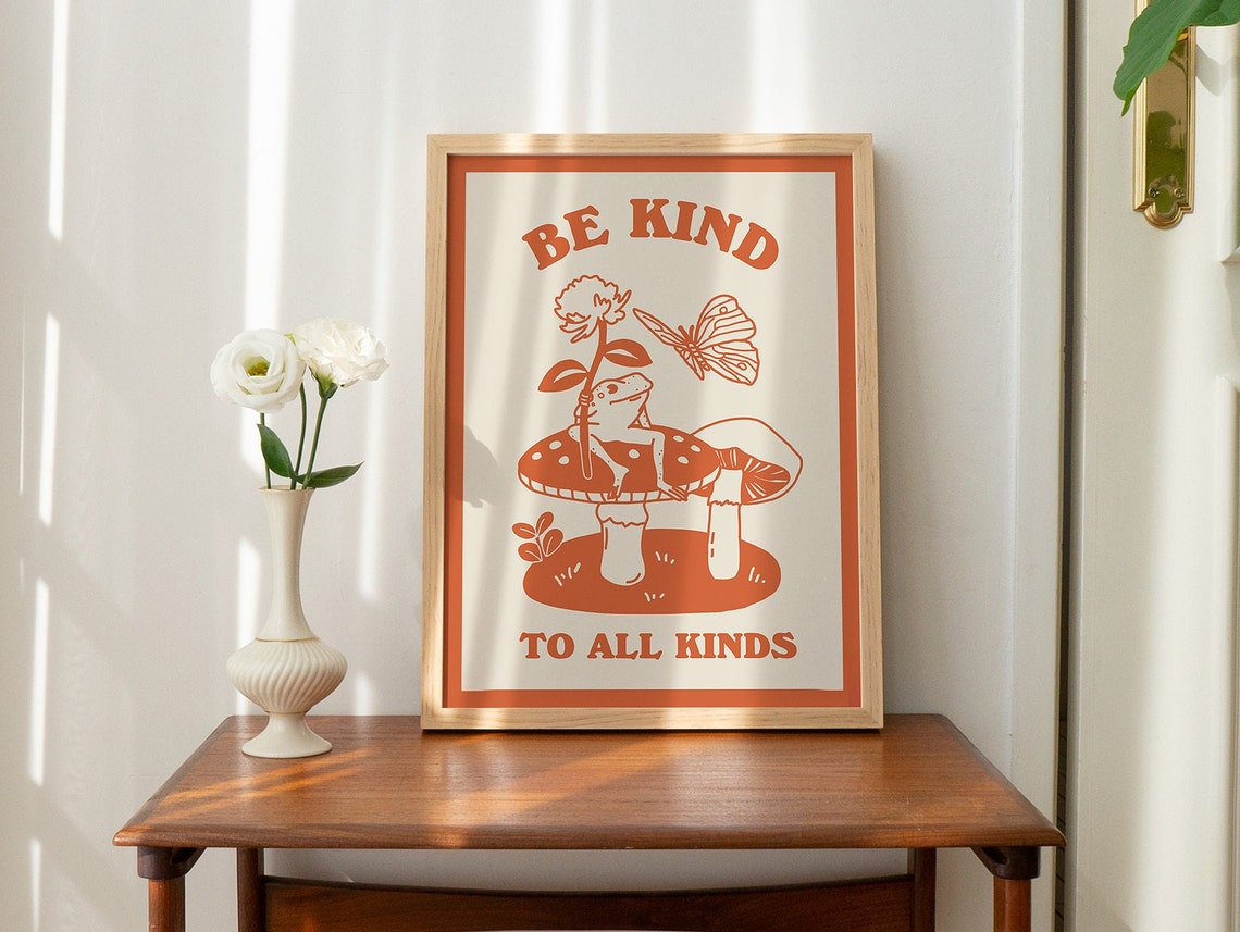 Be Kind Wall Print Mushroom Decor Print Cute Frog 70s Aesthetic Room Decor Retro Burnt Orange Poster - Image 2