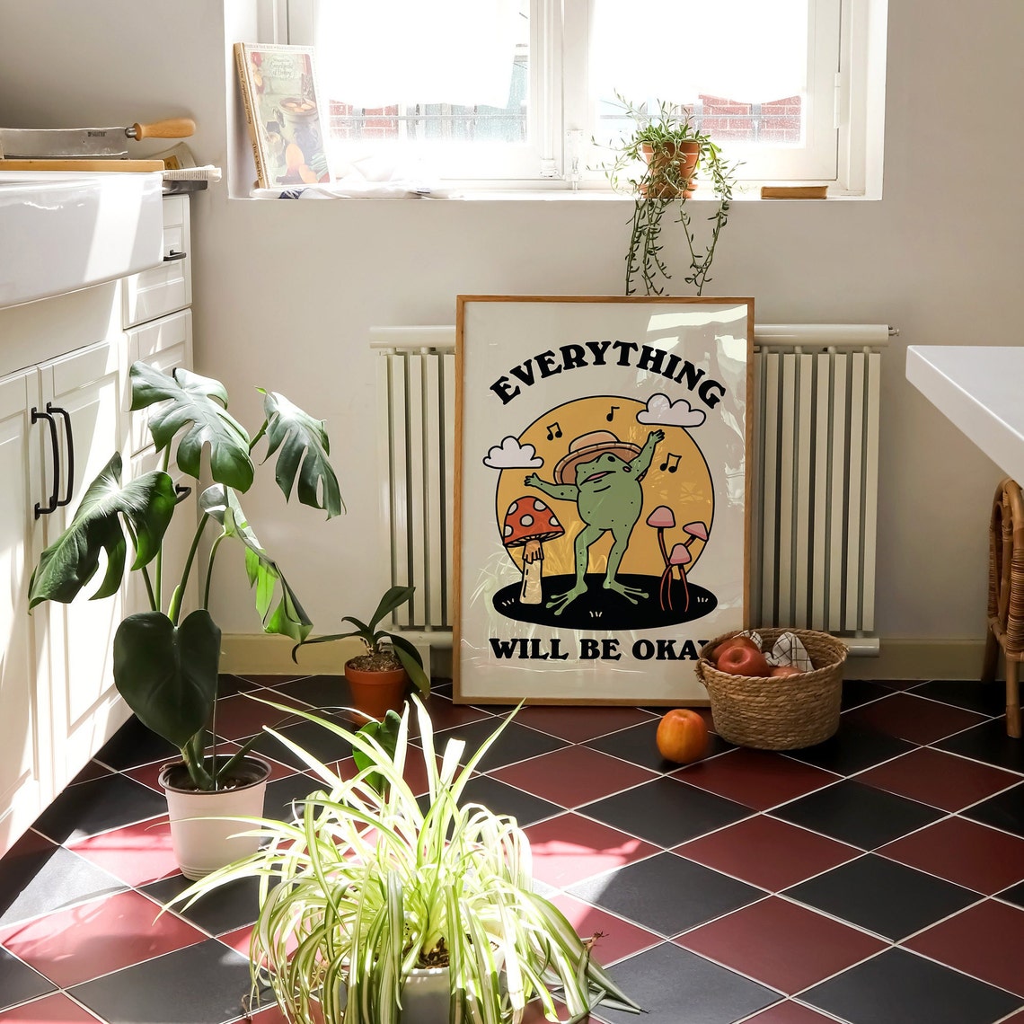 Everything Will Be Okay Cute Retro Dancing Frog Mushroom Poster - Image 3