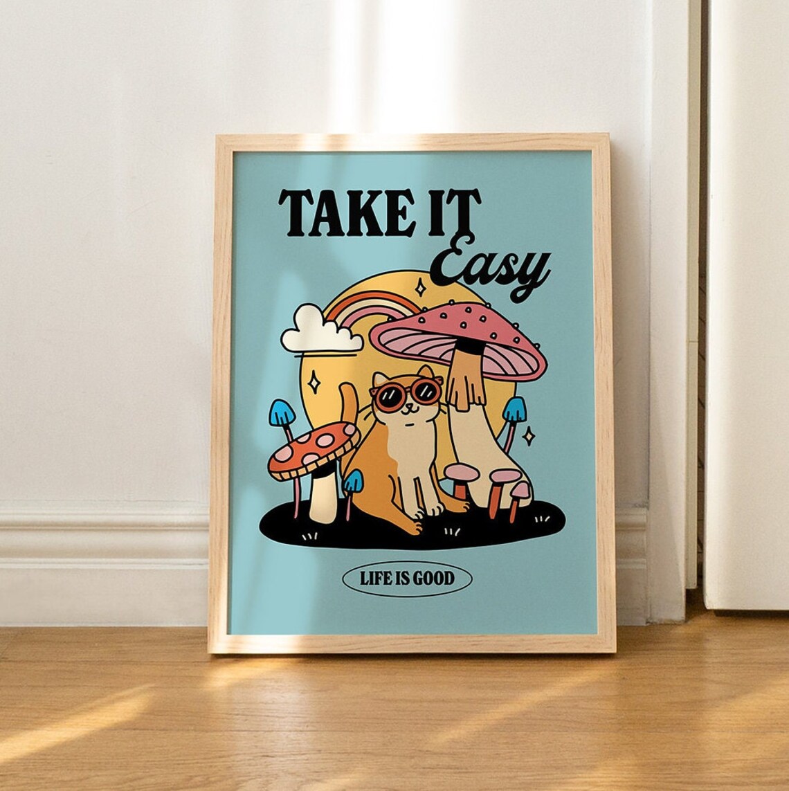 Take It Easy Cat Poster Mushroom Retro Groovy Y2K Trendy Dorm Room Print - Image 2