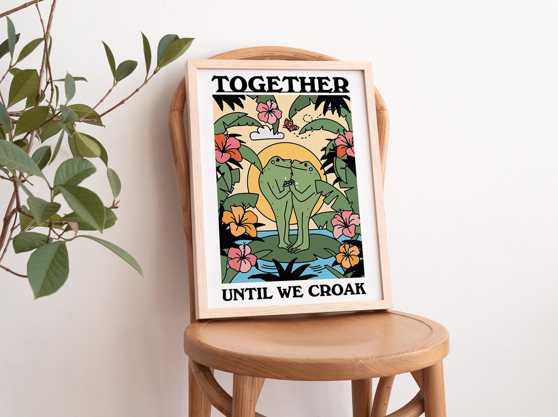 Together Until We Croak Frogs Love Tropical Flower Retro Quote Poster - Image 3