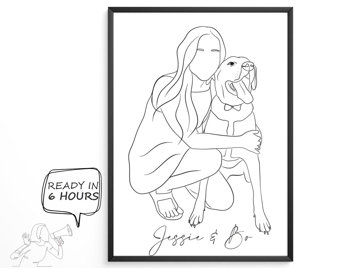 Custom Woman with Happy Dog Line Art Personalized Pet Portrait Poster