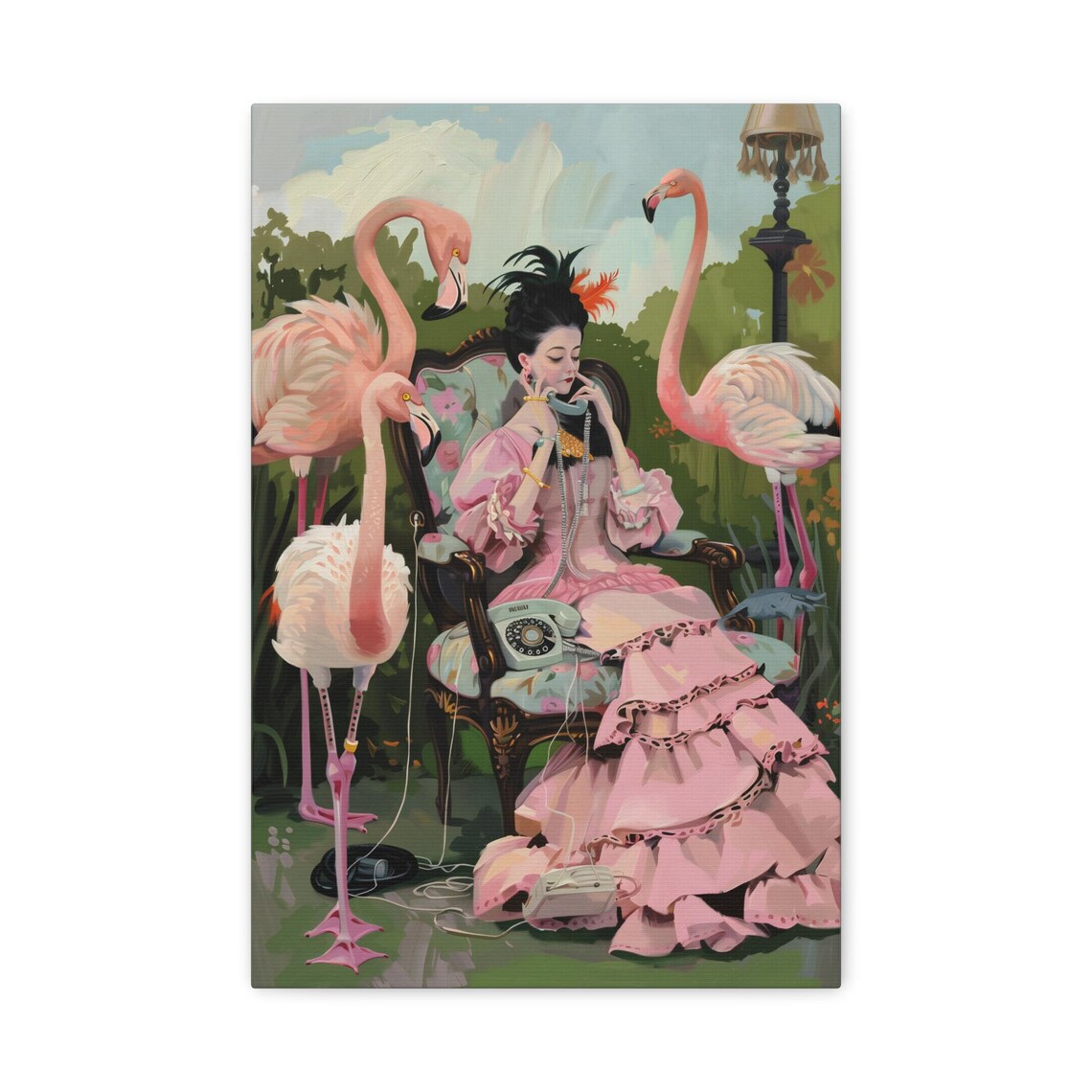 Lady Chatting on Vintage Phone Surrounded by Flamingos Poster - Image 2