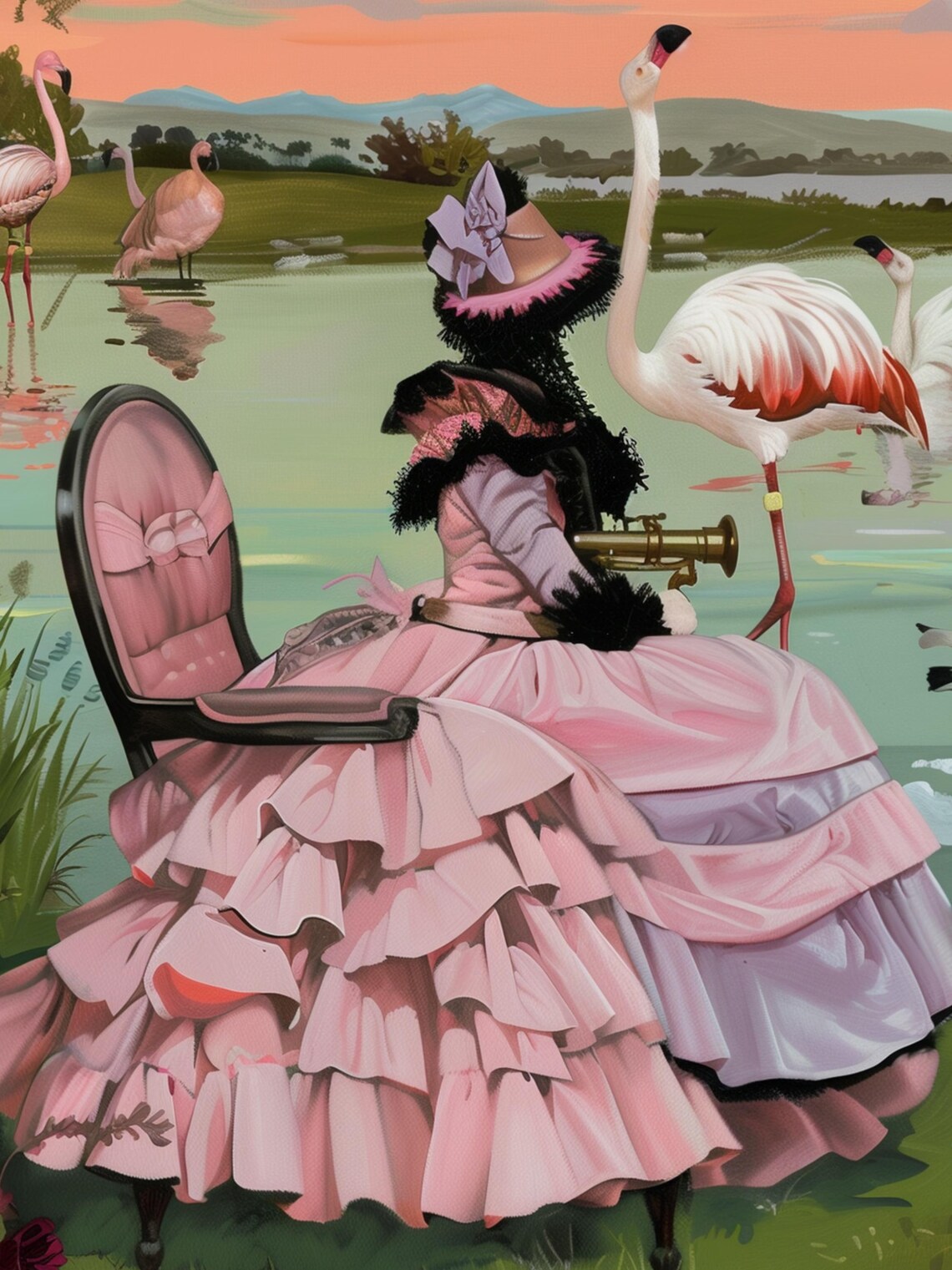Lady Painting Flamingos at a Lakeside Sunset Painterly Poster - Image 3