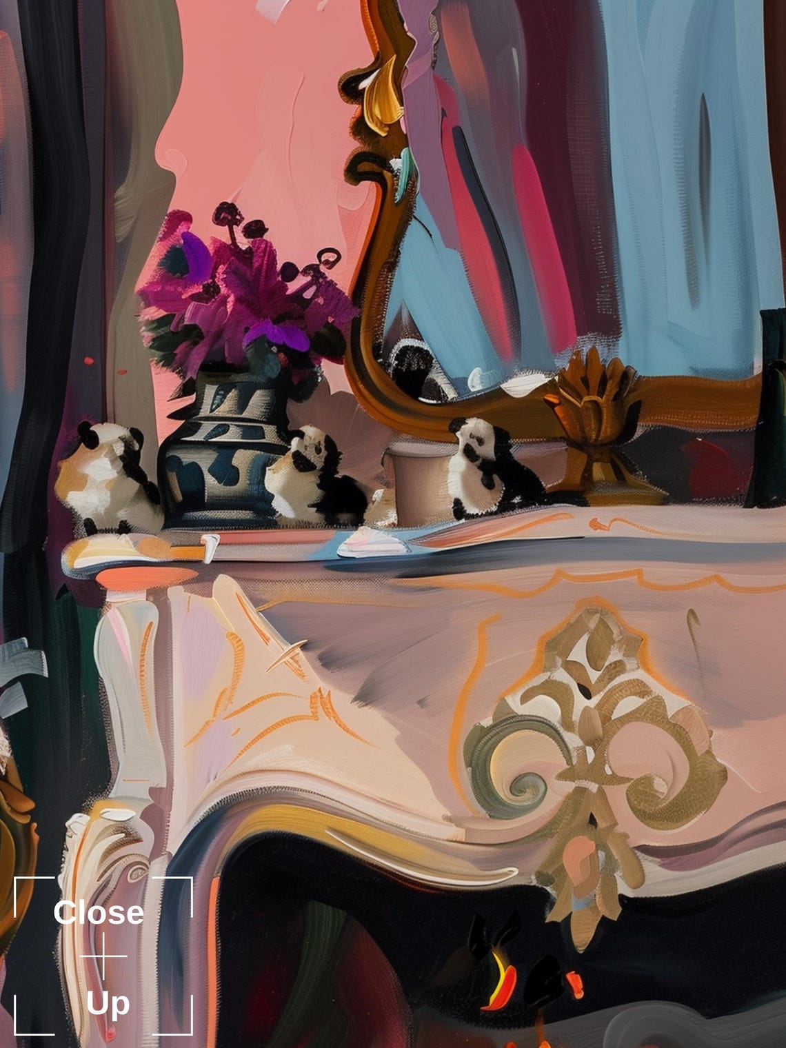Lady Drinking Tea by a Crackling Fireplace With Two Dogs Poster - Image 2