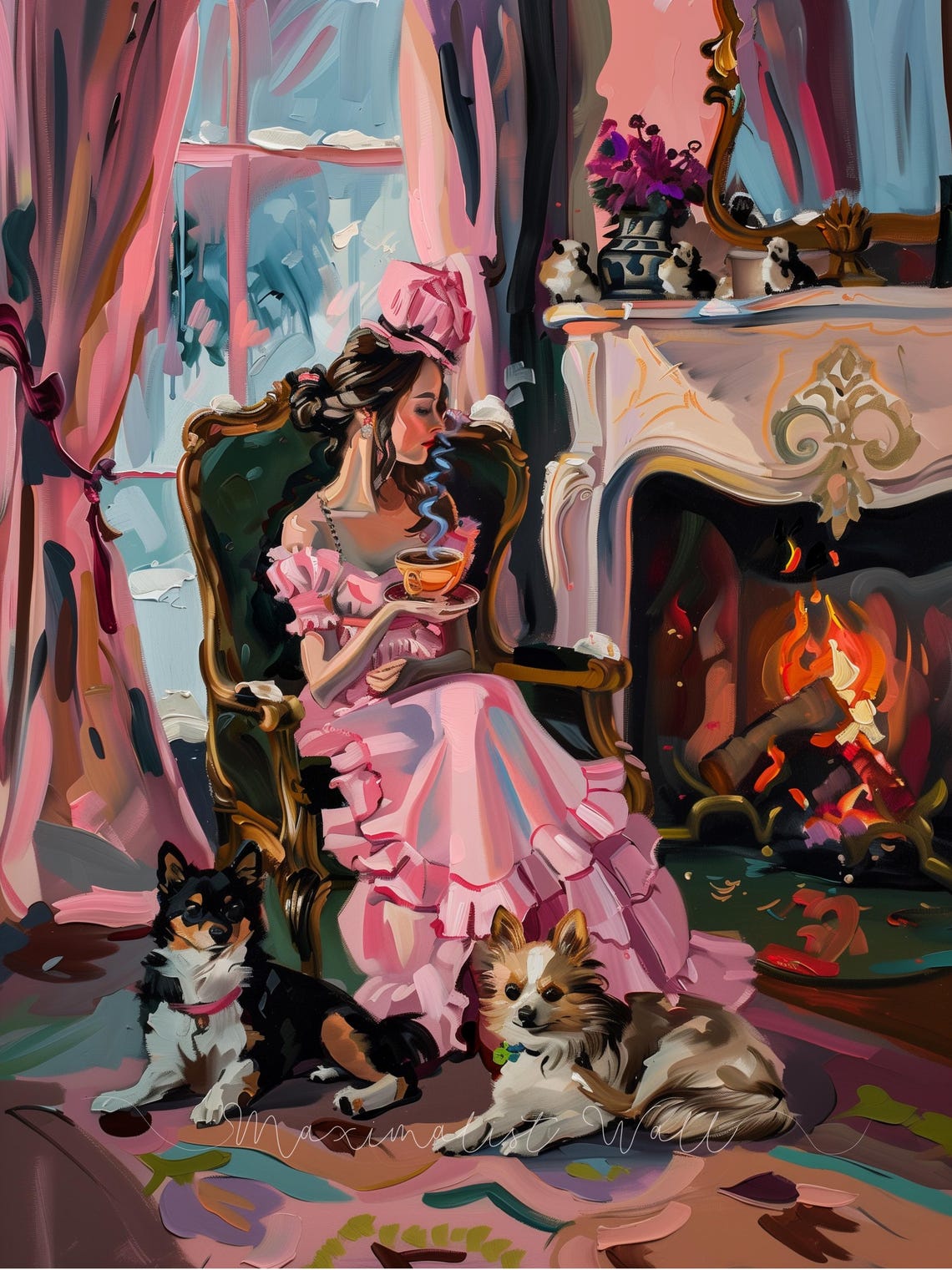 Victorian Lady Sipping Tea by Fireplace with Two Dogs Poster