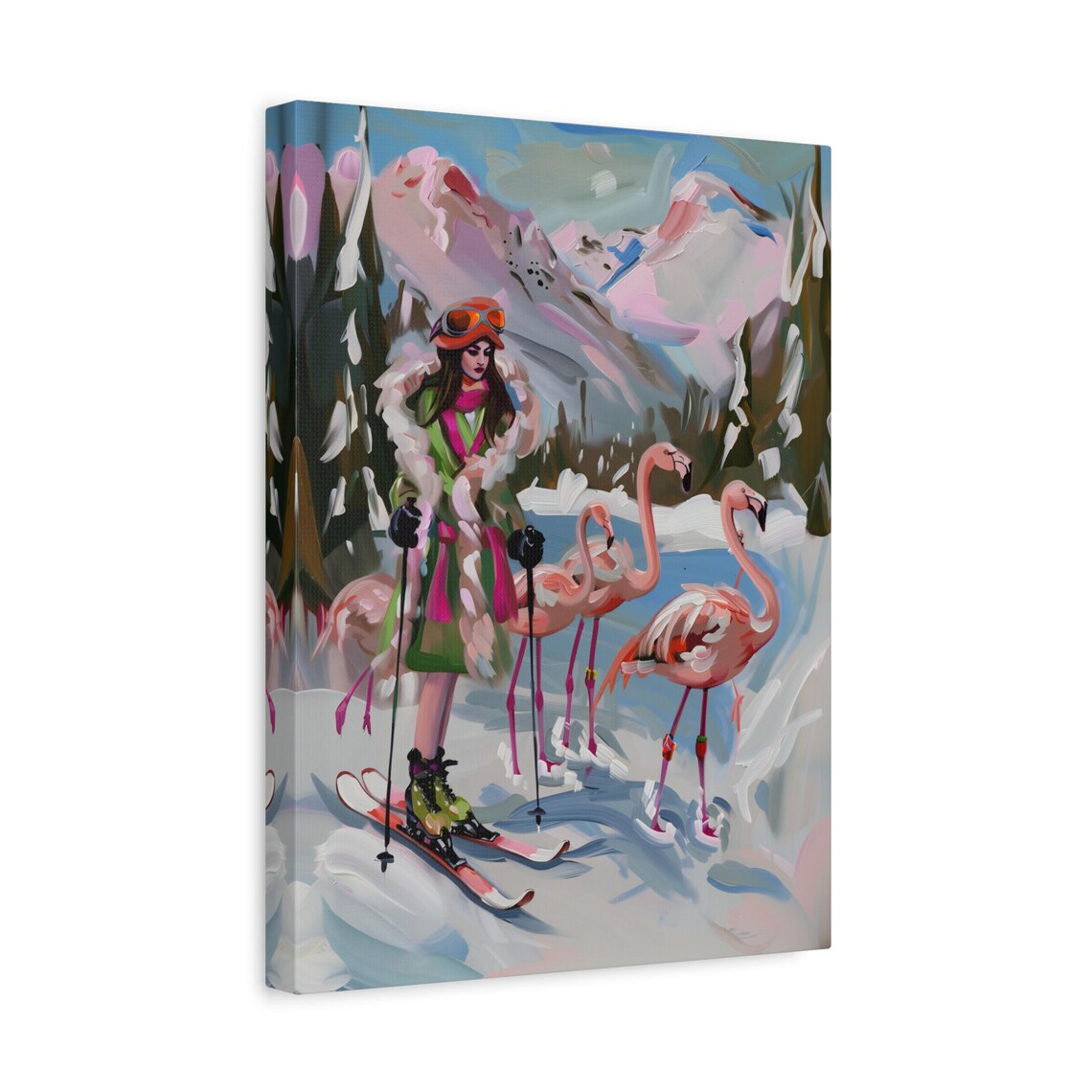 Stylish Skier Woman With Flamingos in a Snowy Mountain Scene Poster - Image 3