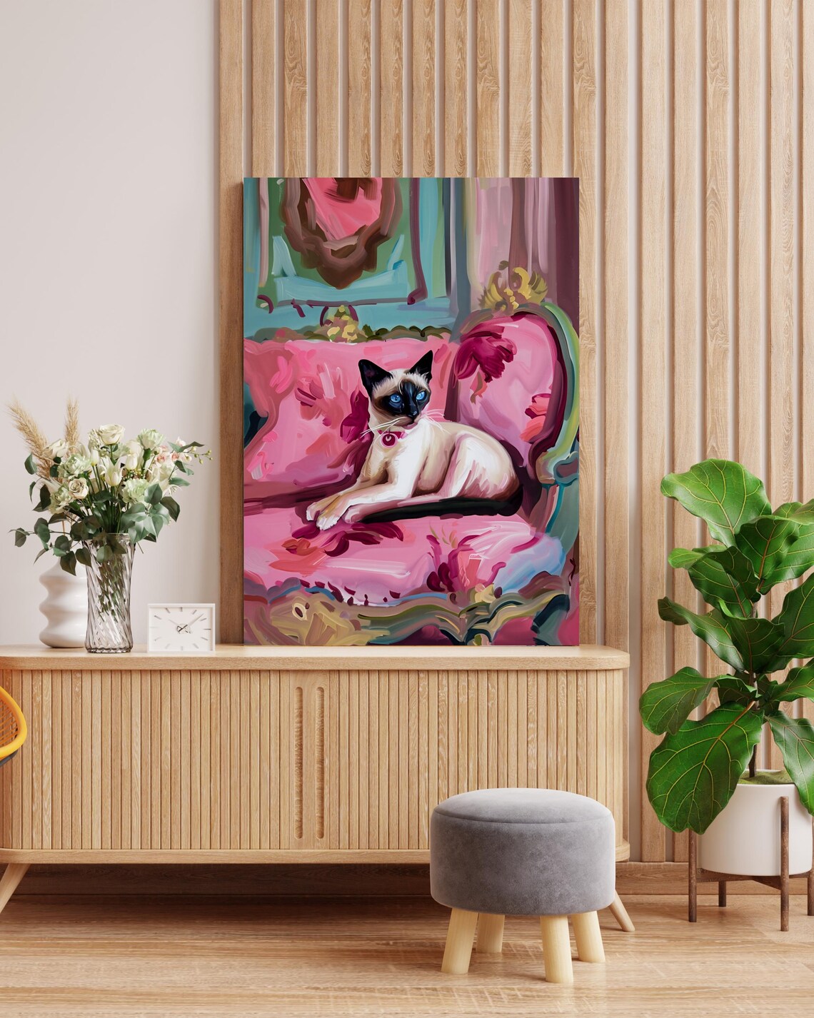 Blue Eyed Siamese Cat on a Pink Armchair Whimsical Portrait Poster - Image 3