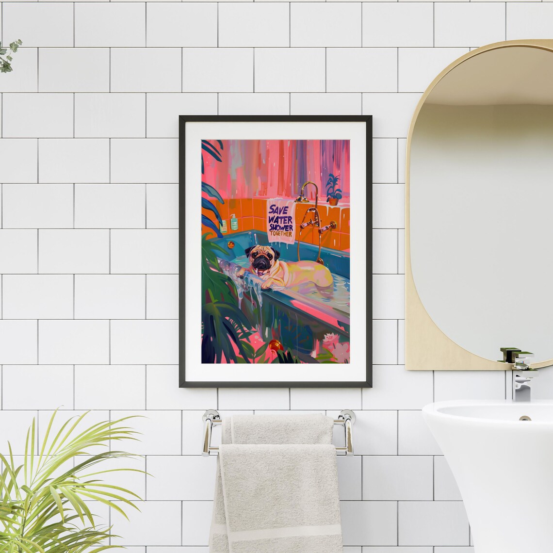 Cute Pug In Bathtub, Matisse-Inspired Bathroom Poster - Image 2