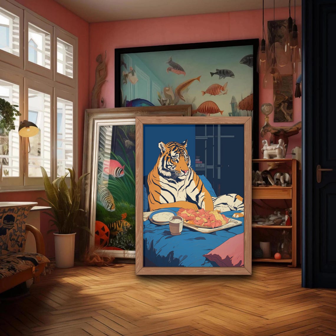 Tiger Eating Nachos in Bed on a Cozy Late Night Movie Poster - Image 3