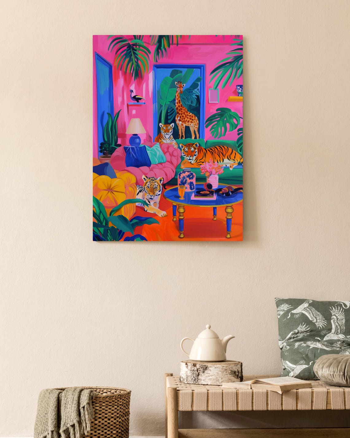 Tigers and Giraffe Lounging in a Hot Pink Jungle Living Room Poster - Image 2