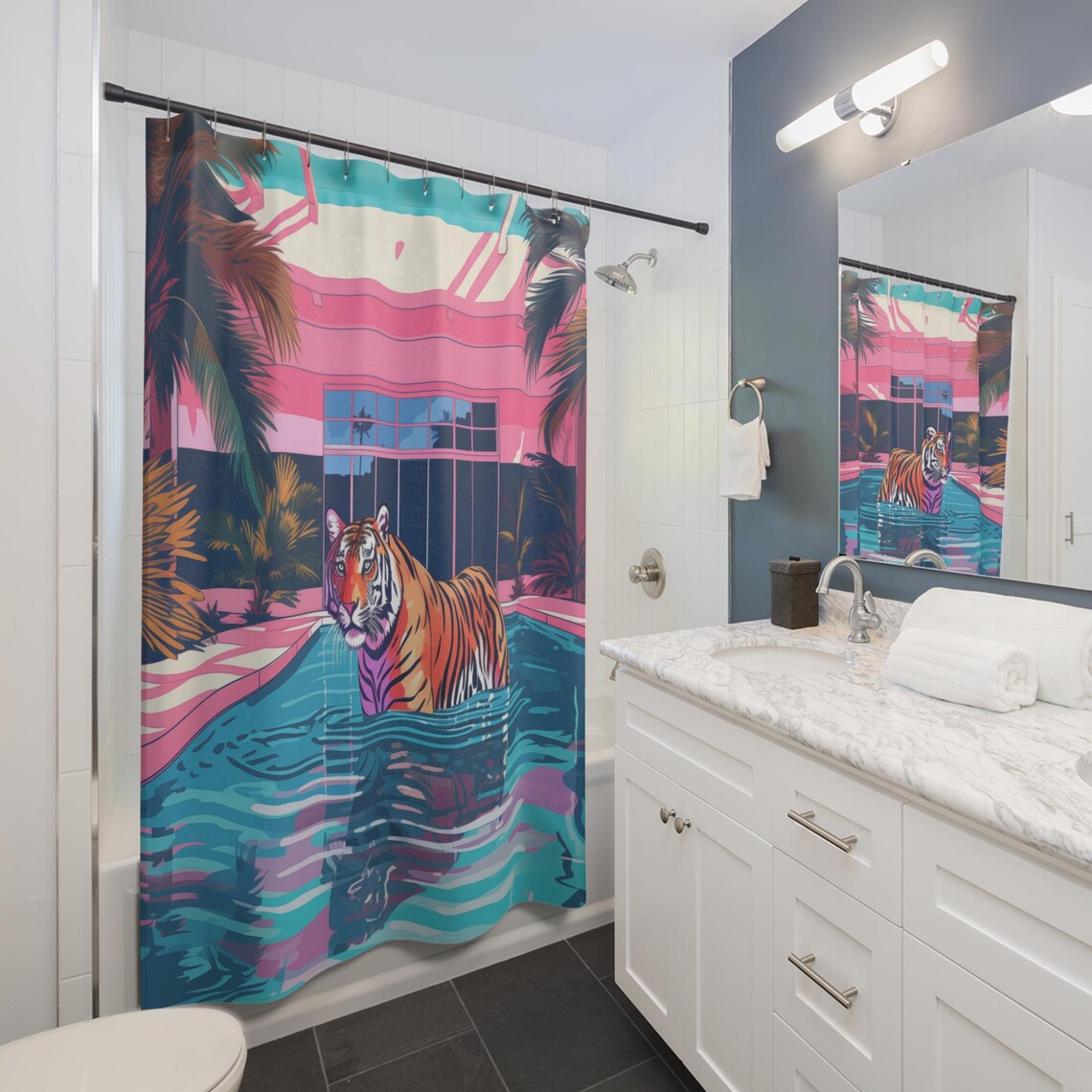 Tiger Wading In Pink Art Deco Hotel Pool Retro Bathroom Wall Art - Image 2