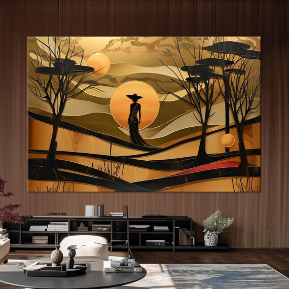 Woman Silhouette Wide Brim Hat Golden Moon Black Gold Layered Wall Art