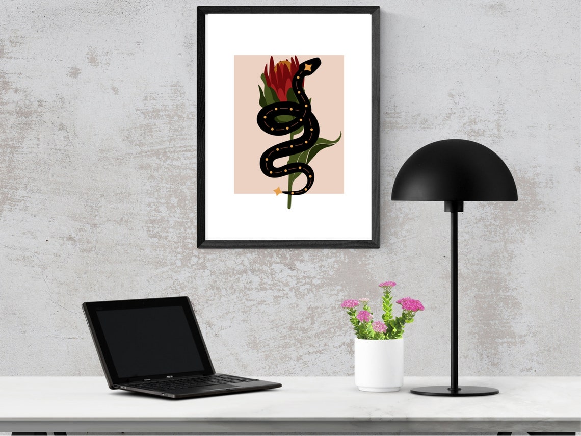 Black Coiled Serpent Protea Flower Boho Botanical Art Poster - Image 3