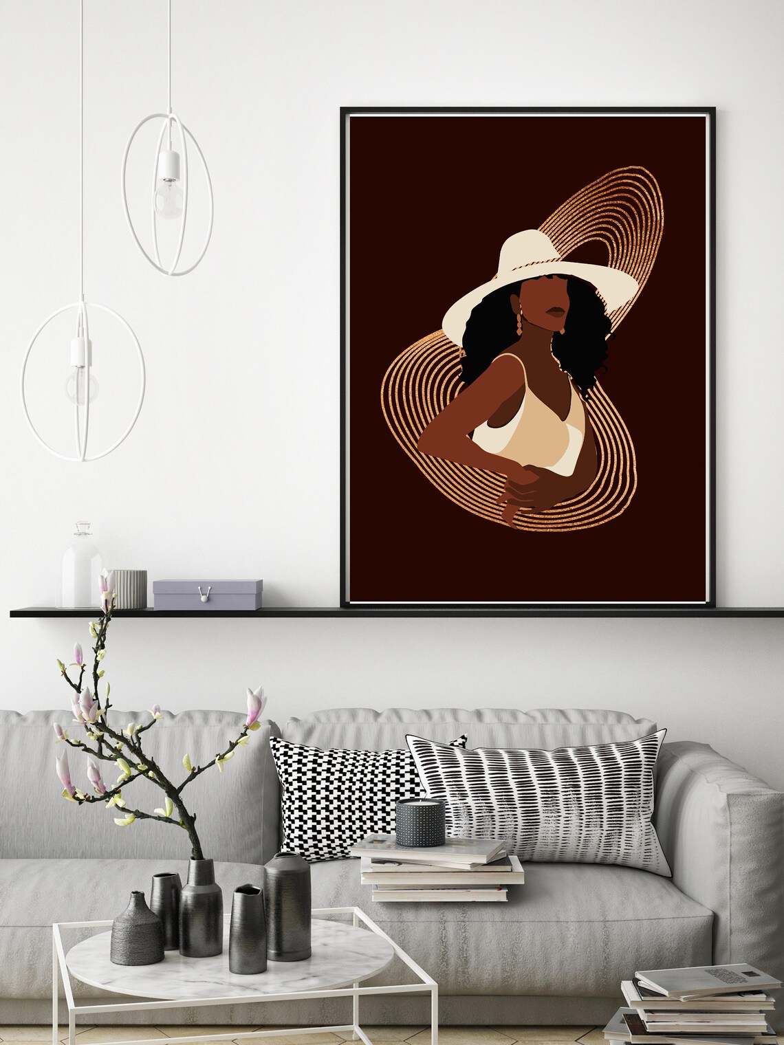 Elegant Woman Sun Hat Swimsuit Gold Swirls Dark Brown Art Poster - Image 3