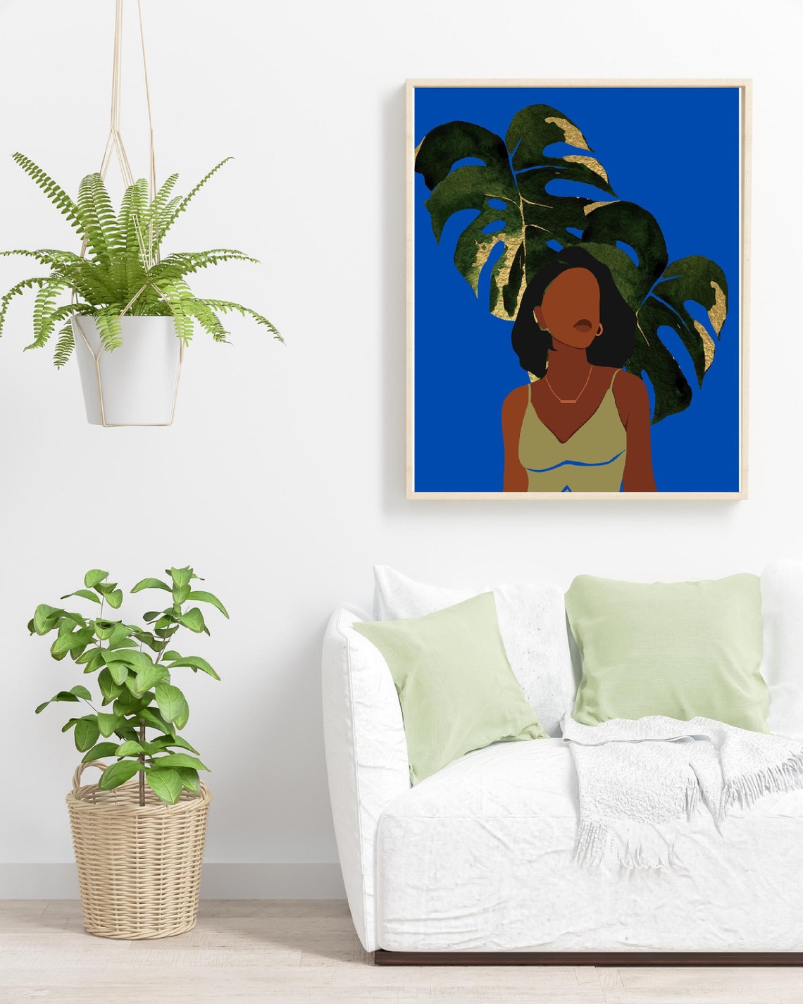 Bold Woman Monstera Leaves Gold Cobalt Blue Tropical Art Poster - Image 4