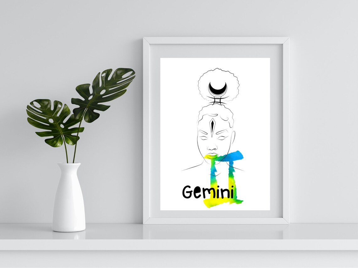Gemini Zodiac Line Art Woman Watercolor Twin Glyph Star Sign Poster - Image 2