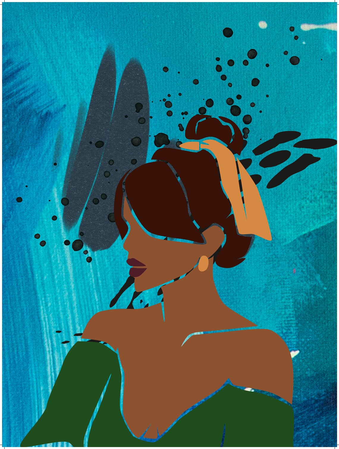 Abstract Woman Profile Gold Headband Teal Splatter Art Print - Image 3