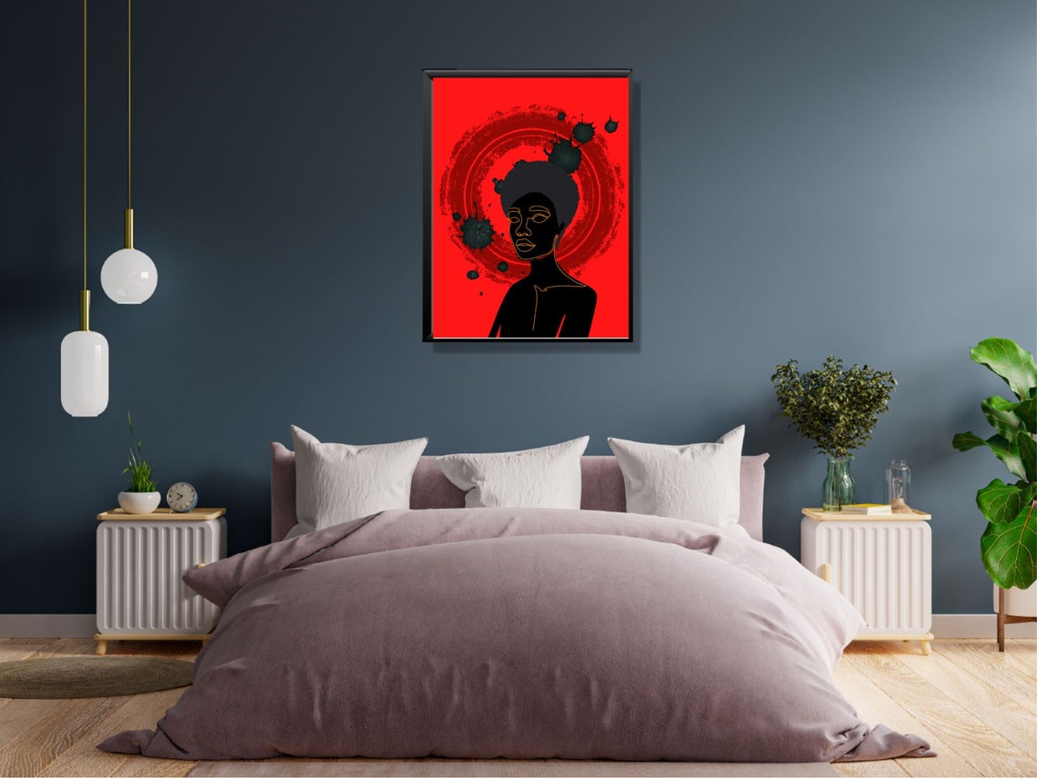 Red Background Black Woman Gold Line Art Paint Splatter Poster - Image 3