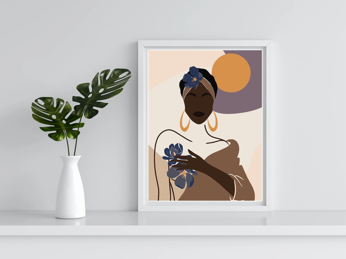 Boho Woman Headwrap Hoops Blue Flowers Sun Goddess Floral Art Print - Image 4