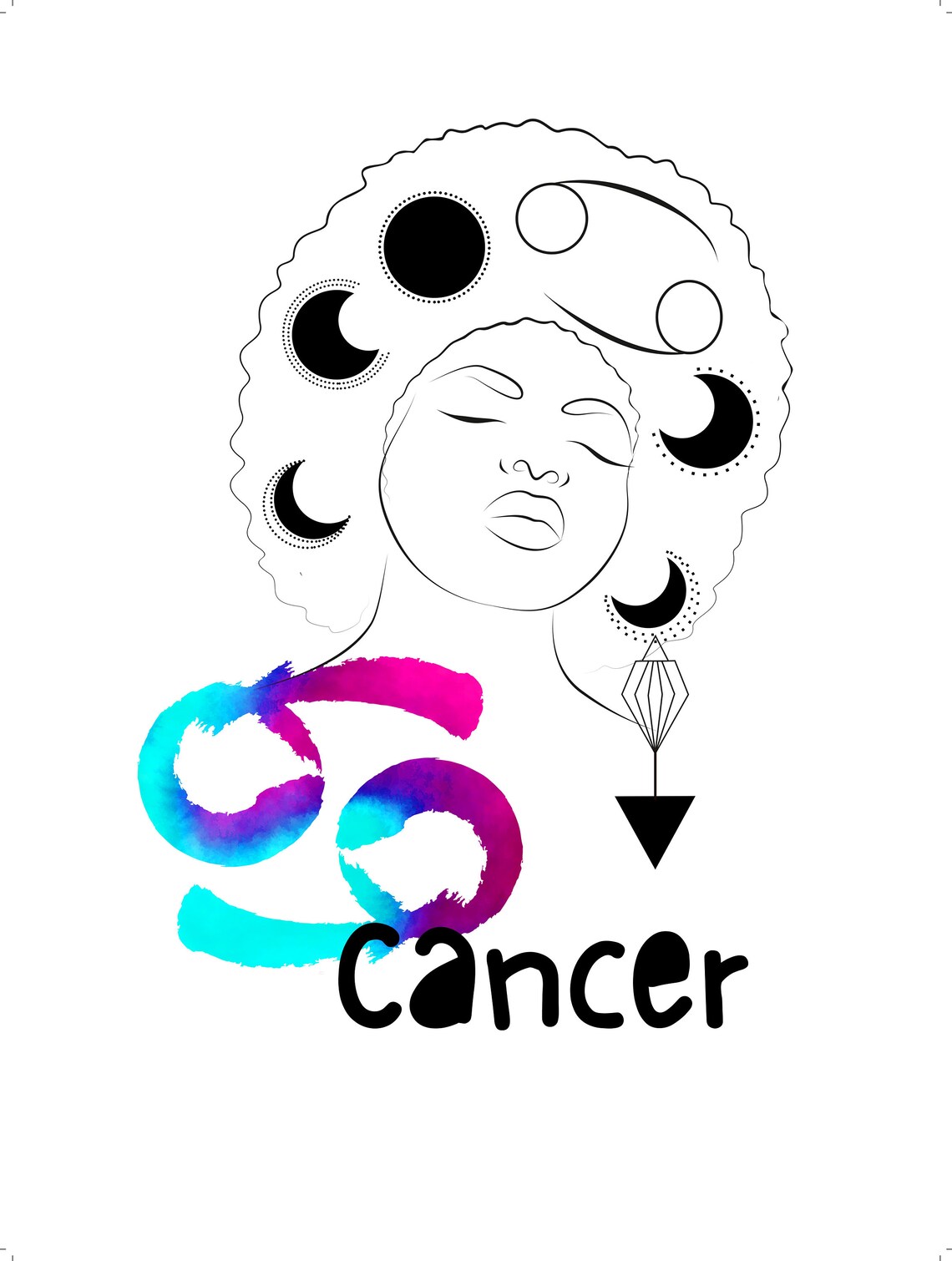 Cancer Zodiac Line Art Woman Moon Phases Watercolor Star Sign Poster - Image 2