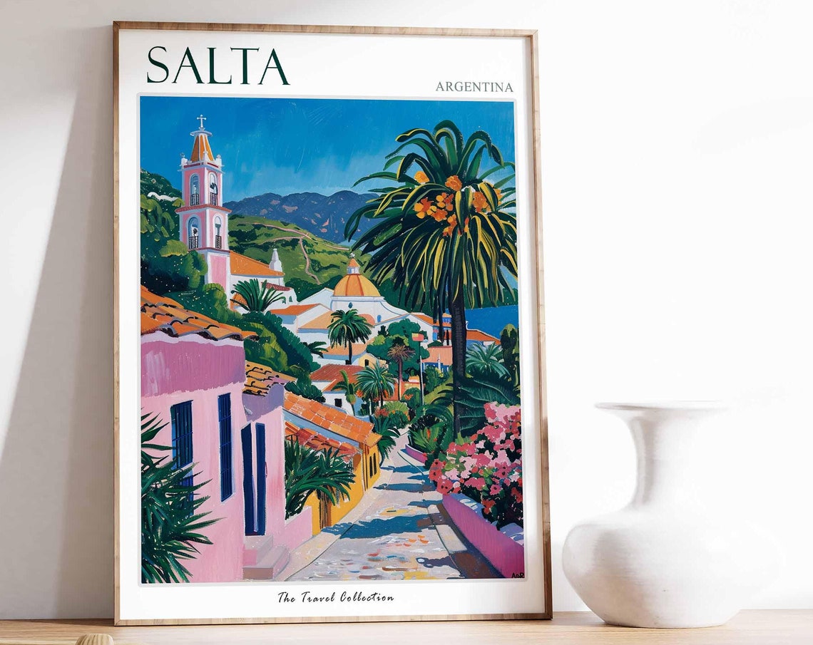 Salta Argentina Colonial Church Tower Palm Lined Cobblestone Poster