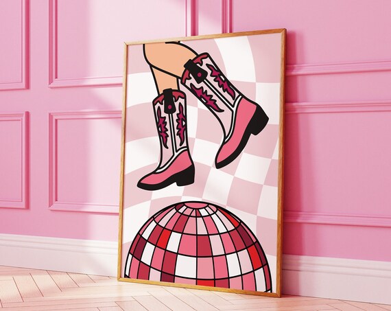 Pink Cowgirl Boots and Disco Ball Western Retro Illustration Poster