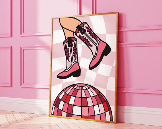 Pink Cowgirl Boots And Disco Ball Western Themed Print Cowboy Art Retro Wall 2315