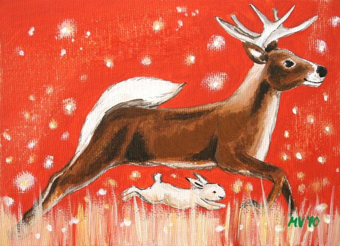 Field Of Stars Art Print, Deer Rabbit Holiday Stars