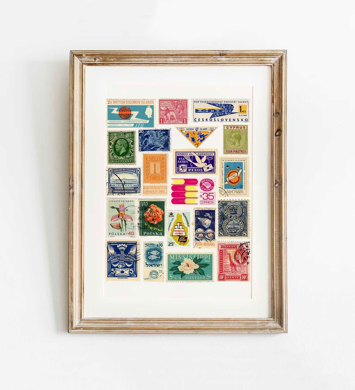 Vintage Stamps Collage Set of Two, Bohemian Art Print - Image 2