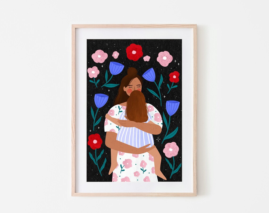 Mum Cuddles Floral Illustration Art Print