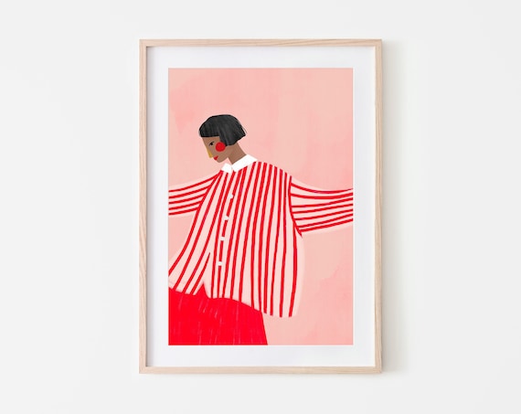 Woman With Red Skirt Line Art Portrait Print