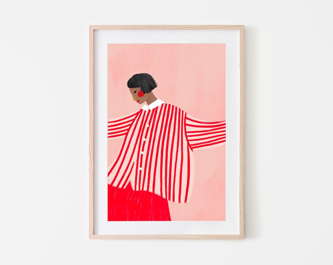 Woman With Red Skirt Line Art Portrait Print