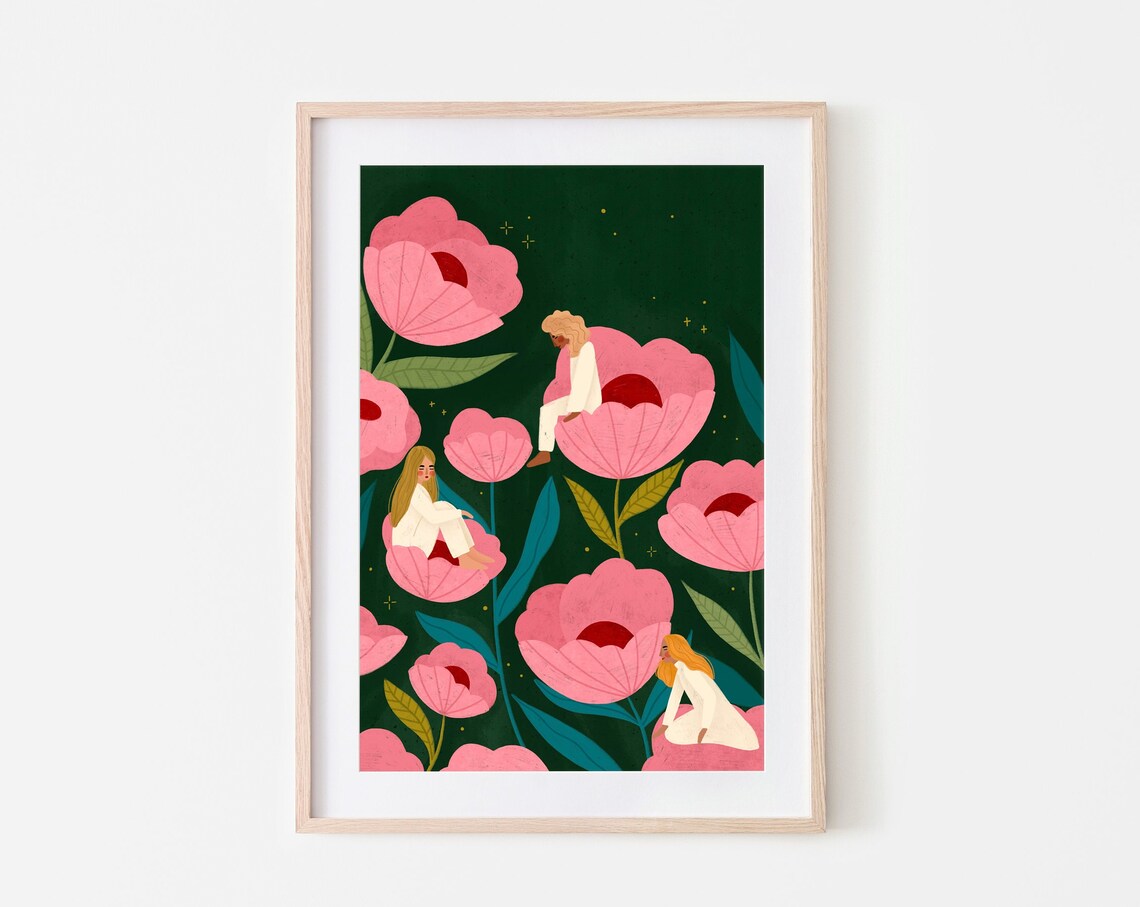 Women Resting Inside Giant Pink Flowers Whimsical Floral Poster