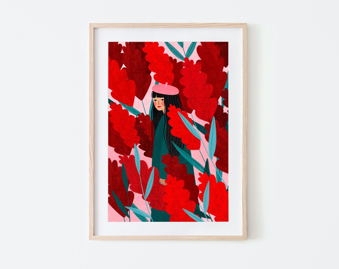 Ichika Or One Thousand Flowers Floral Art Print Woman Illustration Japanese Garden Colourful Wall Art Decor Bohemian Art Posterr