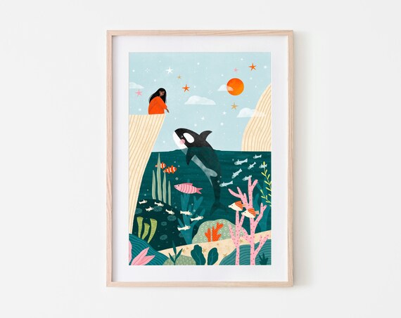 The Girl Reaching Out For The Orca Art Print Whale Illustration Ocean Life Art Nature Poster Home Decor Living Room Ideas