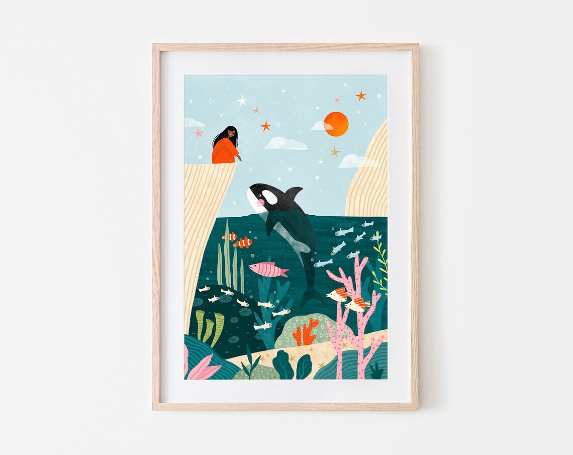 Girl Reaching Out To Orca Whale Ocean Coral Reef Illustration Poster