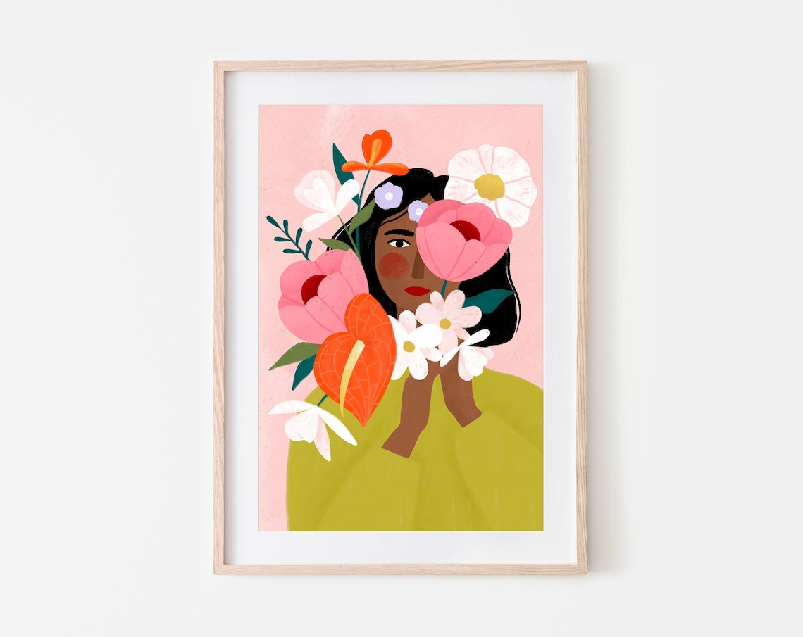 Woman Hiding Behind Flowers Botanical Art Print