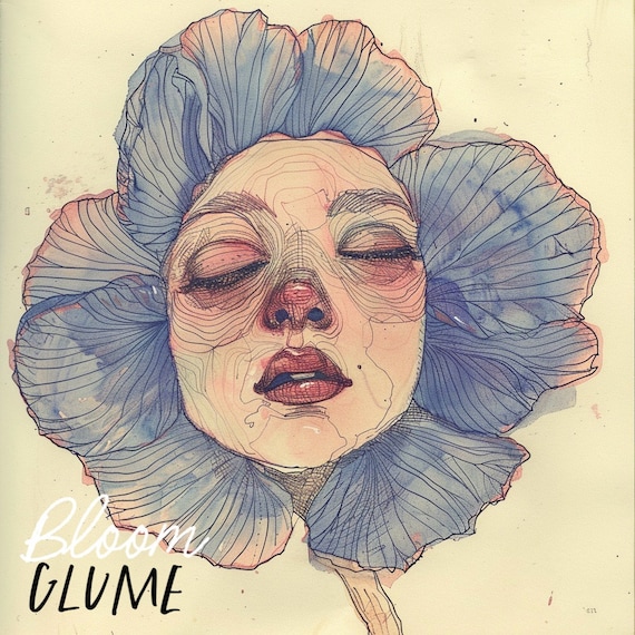 Serene Bloomies Sleeping Face Blue Petal Flower Lowbrow Art Print