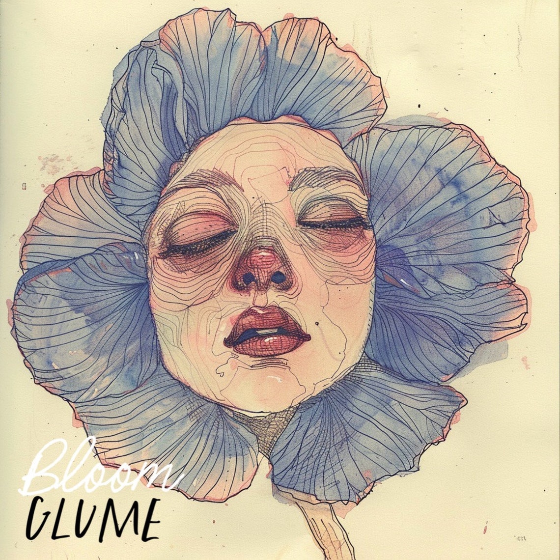 Serene Bloomies Sleeping Face Blue Petal Flower Lowbrow Art Print