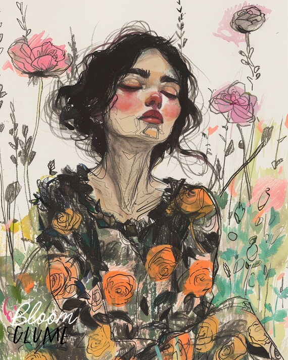 Dreaming In Bloom Wildflower Garden Woman Sketchy Cottagecore Art Print