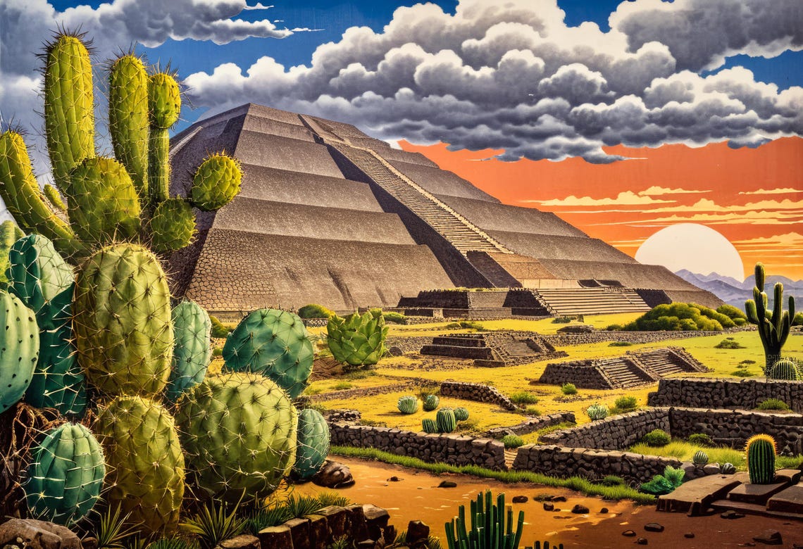 Teotihuacan Pyramid Ukiyo E Cacti Desert Sunset Mexico Poster - Image 2