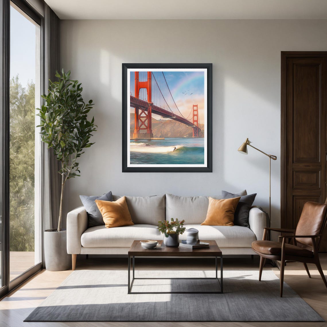 Golden Gate Bridge Surfer Riding Wave Under Rainbow Sky Poster - Image 2
