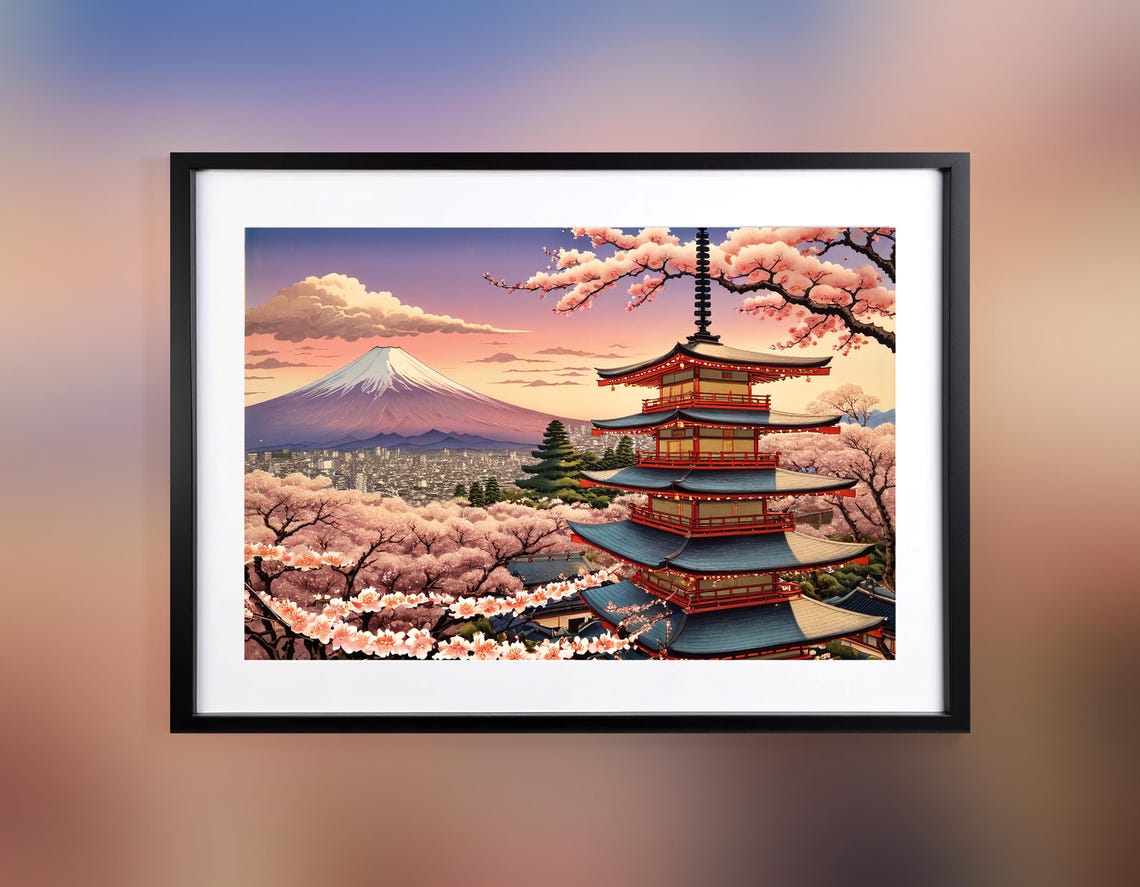 Mount Fuji Chureito Pagoda Cherry Blossom Sunset Ukiyo E Poster