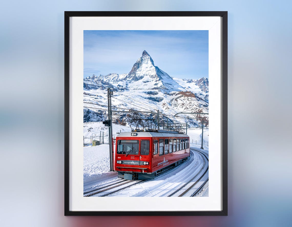 Red Swiss Railway Train to Matterhorn Snowy Alps Winter Poster
