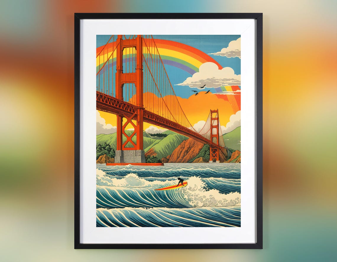 San Francisco Golden Gate Bridge Surfer Rainbow Ukiyo E Poster
