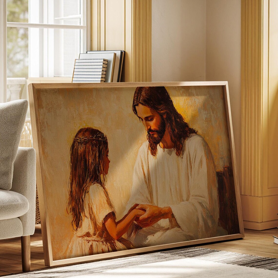 Jesus Holding Little Girl Hands Tender Christian Religious Art Poster