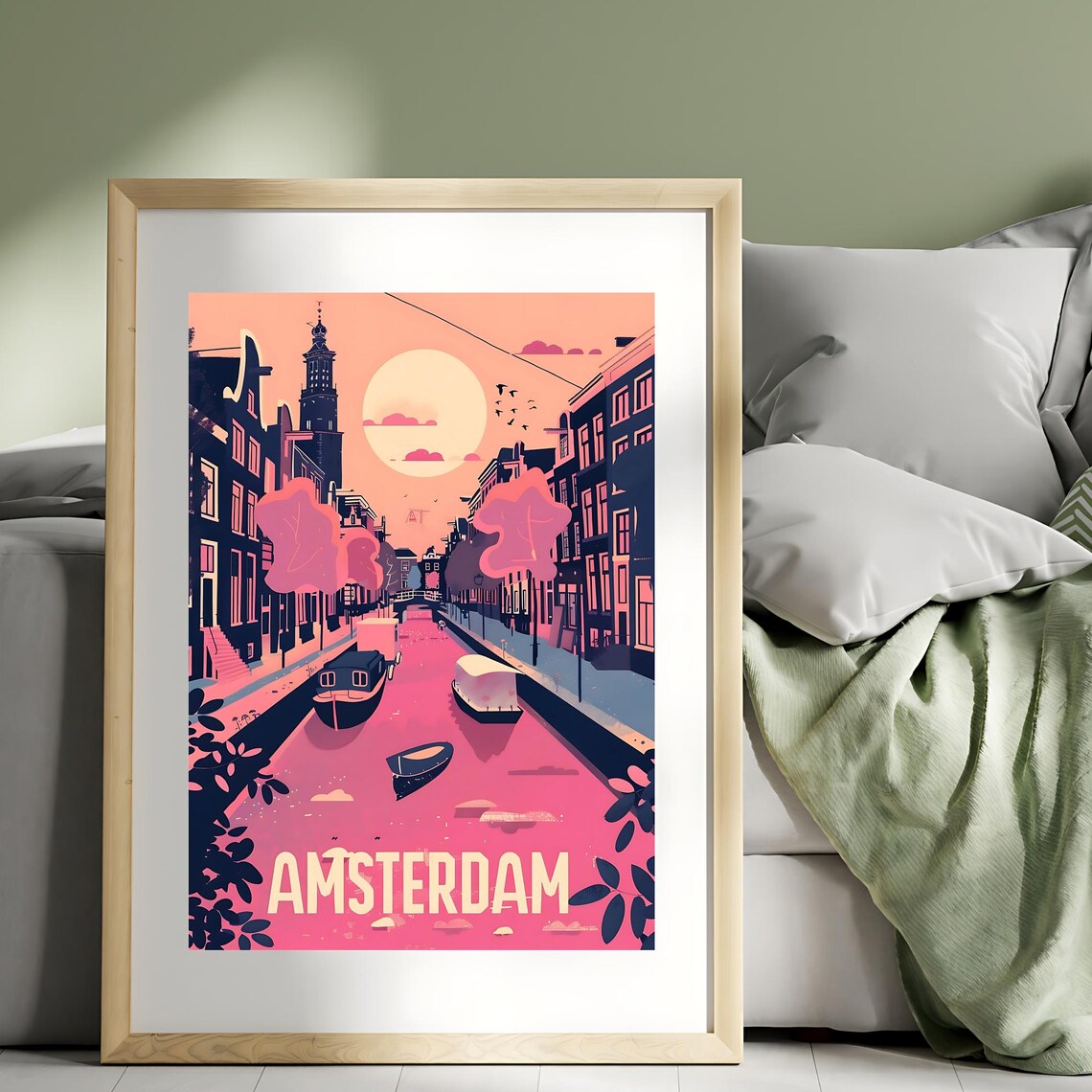 Amsterdam Canal Houses Sunset Pink Sky Vintage Travel Poster
